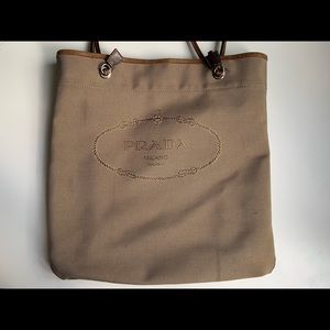 Auth PRADA tan canvas tote shoulder bag
